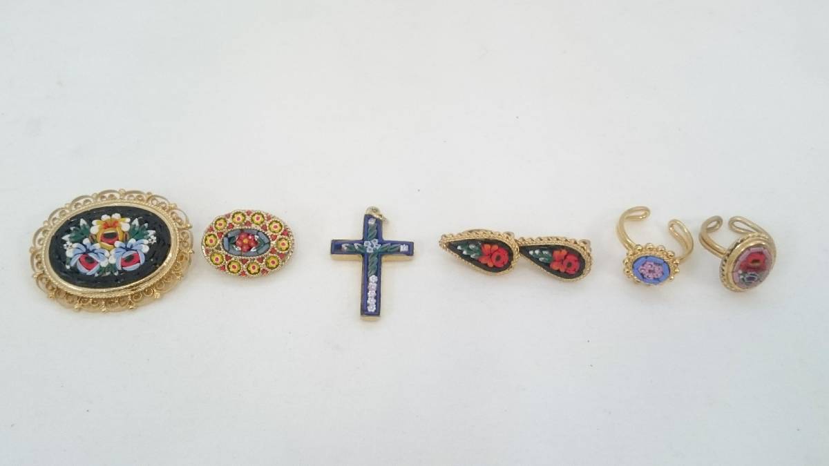 【美品】ITALY刻印 含む モザイクガラス アクセサリー 計6点セット/ミルフィオリ/ブローチ/ペンダントトップ/イヤリング/指輪/リング/LJB8