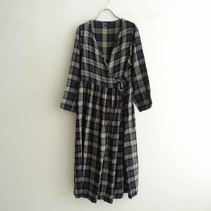 ■イチ ICHI *コットンレーヨンチェックカシュクールロングワンピース*羽織り前合わせローブグレー系0921