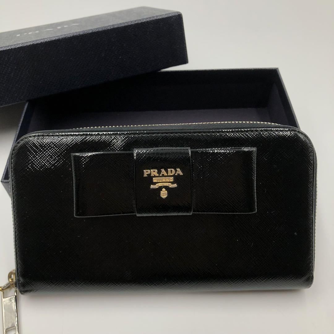 1円【美品】PRADA プラダ ラウンドファスナー 長財布 ウォレット サフィアノレザー 金ロゴ ゴールド ジップ ユニセックス リボン ブラック