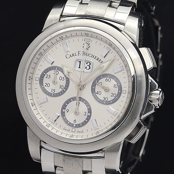 1円 稼働 良品 カールFブヘラ AT/自動巻 10611.08 パトラビ クロノグラフ デイト 裏スケ シルバー文字盤 メンズ腕時計 0005610STU