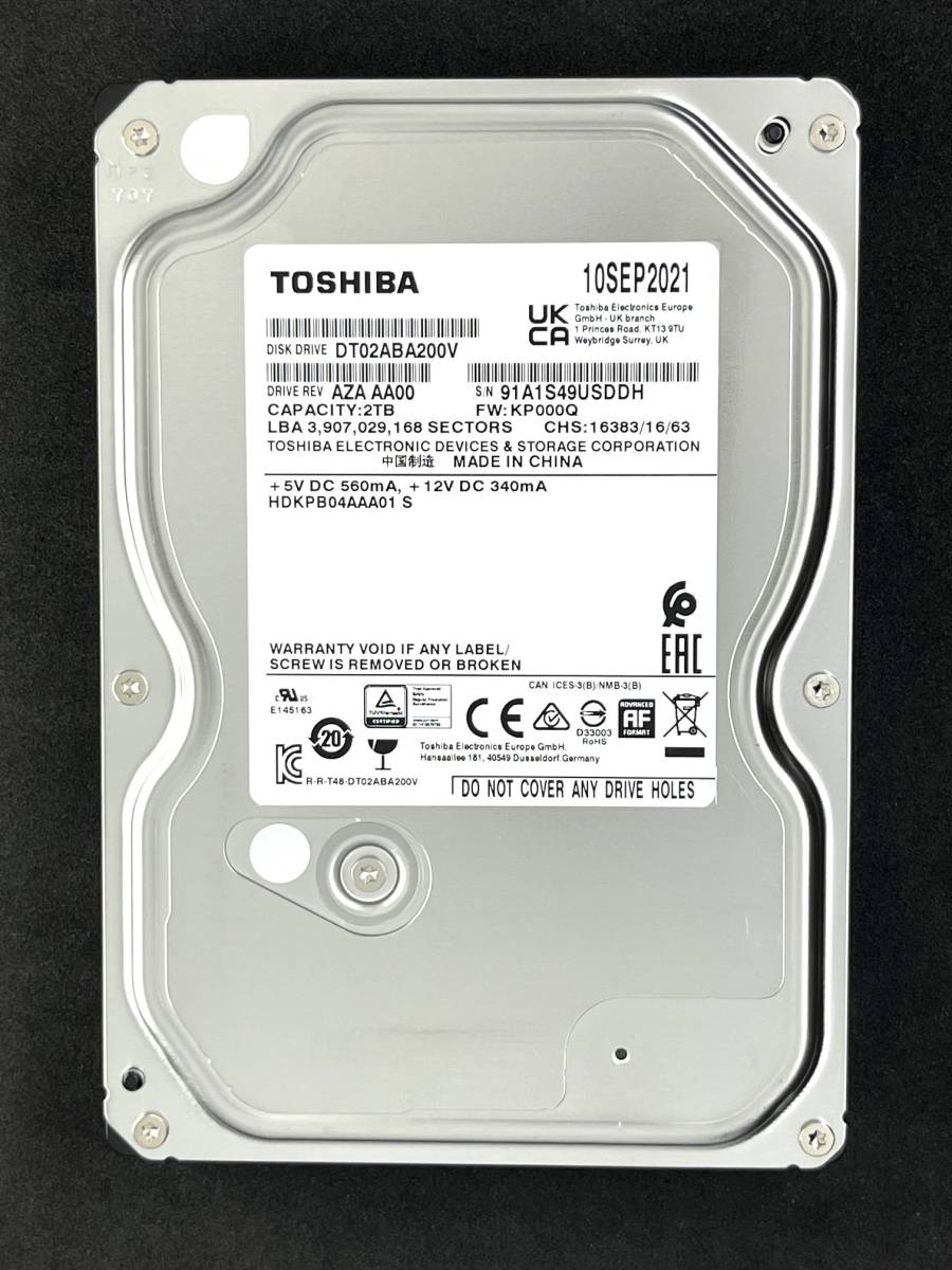 【送料無料】　★ 2TB ★　TOSHIBA / DT02ABA200V　【使用時間：1341ｈ】 2021年製　良品　3.5インチ内蔵HDD　AVコマンド対応