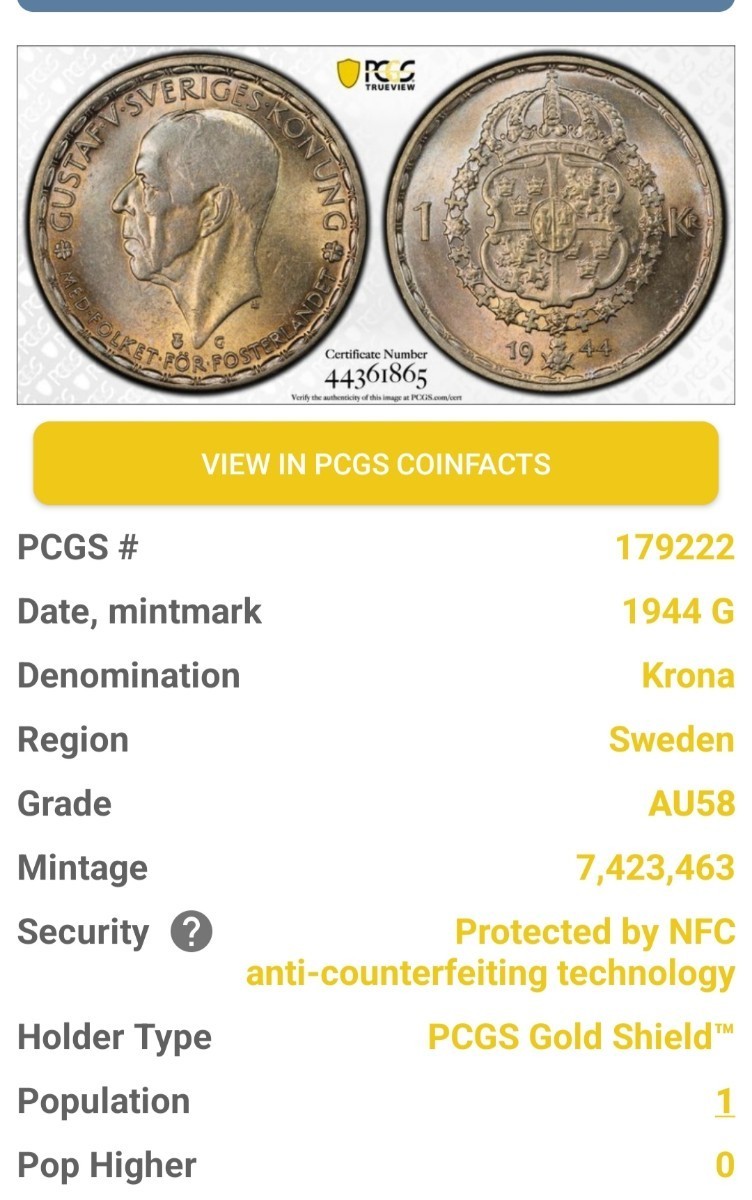 ☆1円スタート☆唯一鑑定 スウェーデン ☆クローネ銀貨☆トーン PCGS AU58 アンティーク
