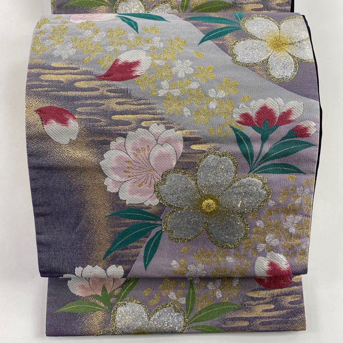 袋帯 美品 逸品 落款 となみ帯 麹塵染 草花 深緑 六通 正絹 【中古
