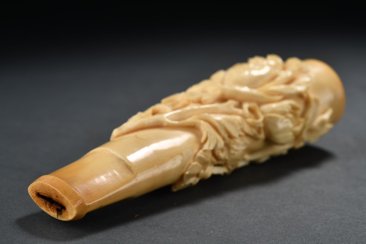 ◆鶴鳴堂◆時代物 白材芯料保証 薔薇紋パイプ 珍材和彫 極細工 古置物 古擺件 古美術 古美味 時代物 古董品0325-16　