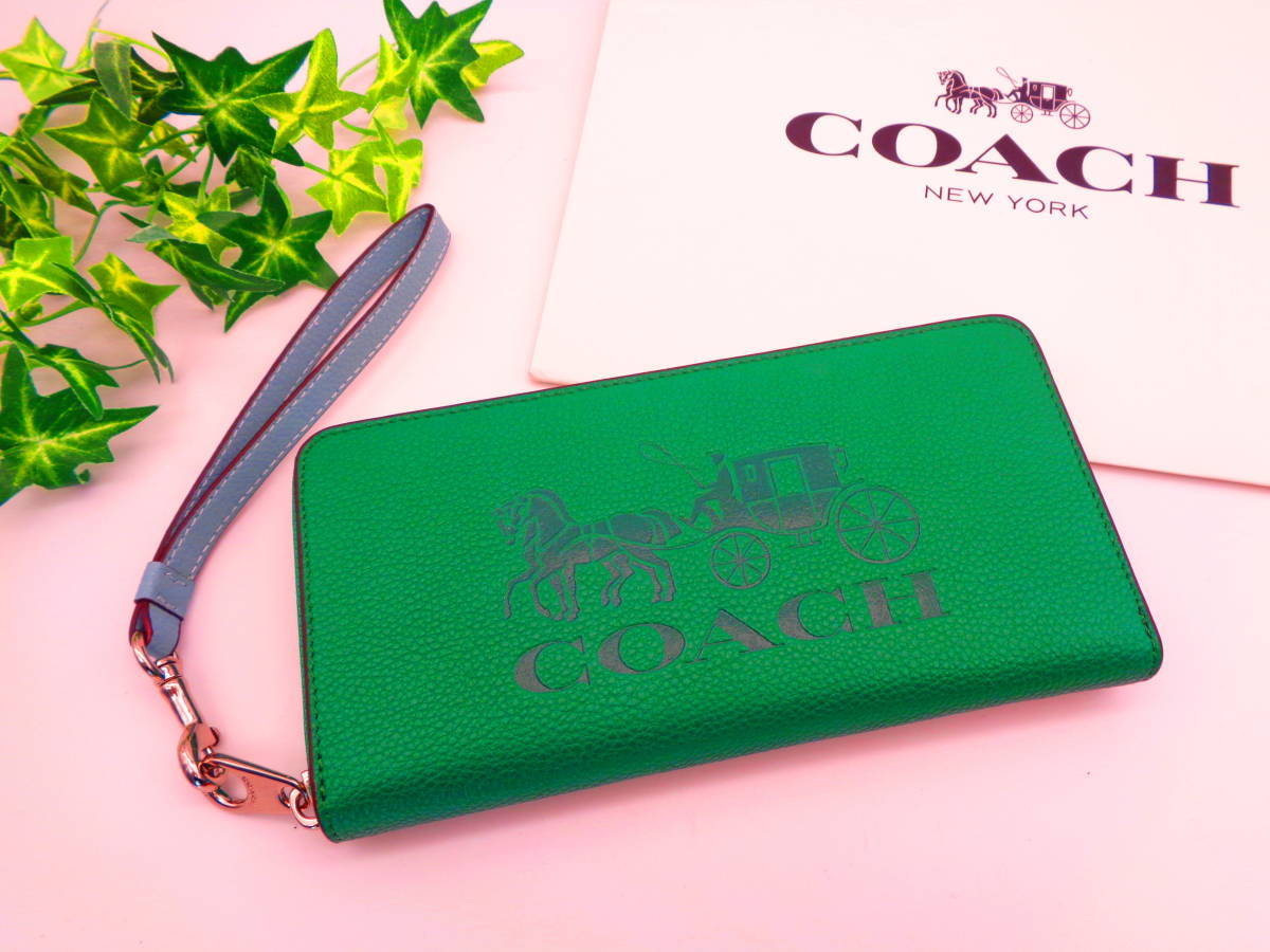 未使用 正規品 107 新品 同様 コーチ COACH 長財布 グリーン 緑色 ベージュ 水色 ジッピーウォレット ディース メンズ【 1円 ～スタート 】
