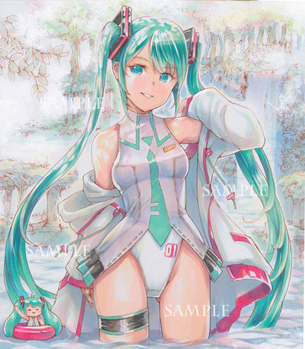 ☆同人手描きイラスト 色紙 原画 初音ミク「オリジナル競泳水着