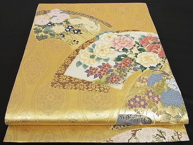 着物屋こころ■六通柄袋帯 松尾京敏作 寿扇春秋犲艸華文 金糸 正絹 逸品 B-jd2176