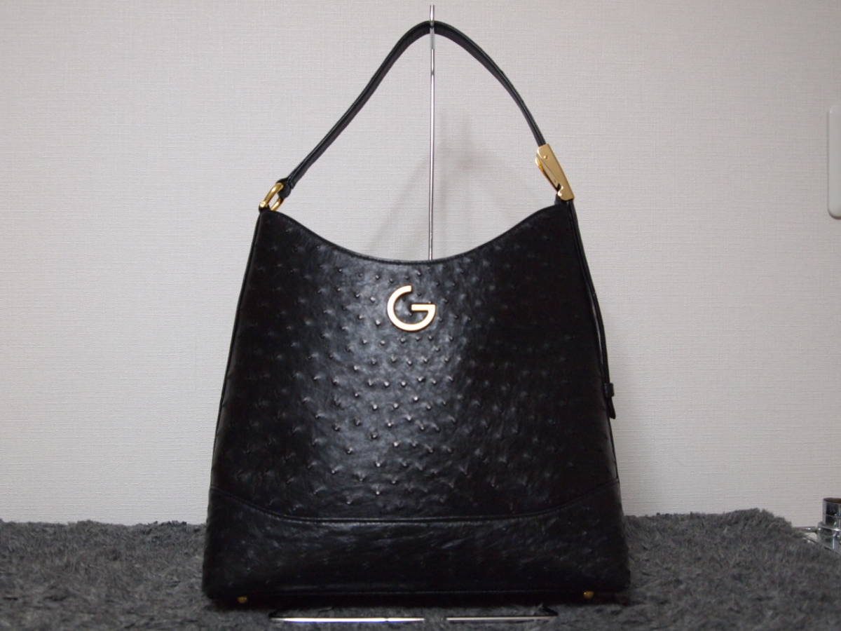 新品 タグ付 GRES マダムグレ 定３２万 最高級 オーストリッチ フルポイント ショルダーバック 黒（ ostrich ダチョウ 駝鳥皮 ハンドバッグ