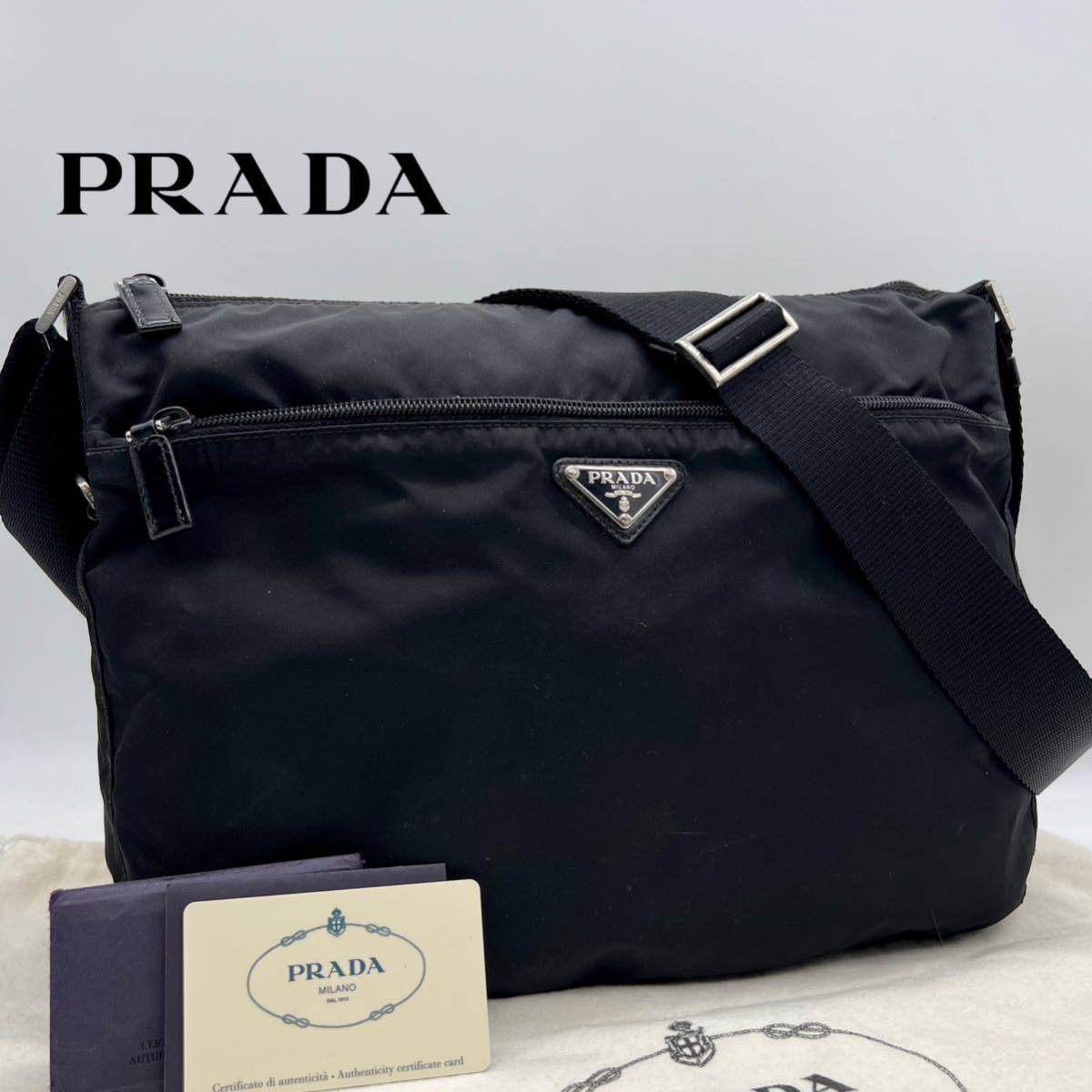 1円　◆人気◆PRADA プラダ ショルダーバッグ 三角プレート ナイロン レザー ブラック メンズ 男女兼A4 大容量 白タグ 肩掛け 斜め掛け