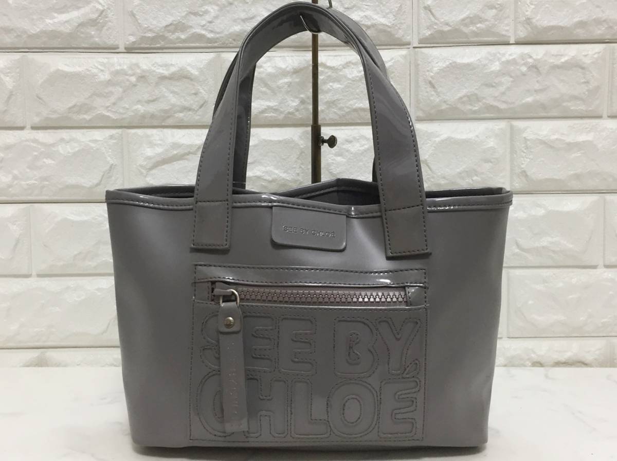 no13707 SEE BY CHLOE シーバイクロエ デカロゴ エナメル PVC ハンド トート バッグ