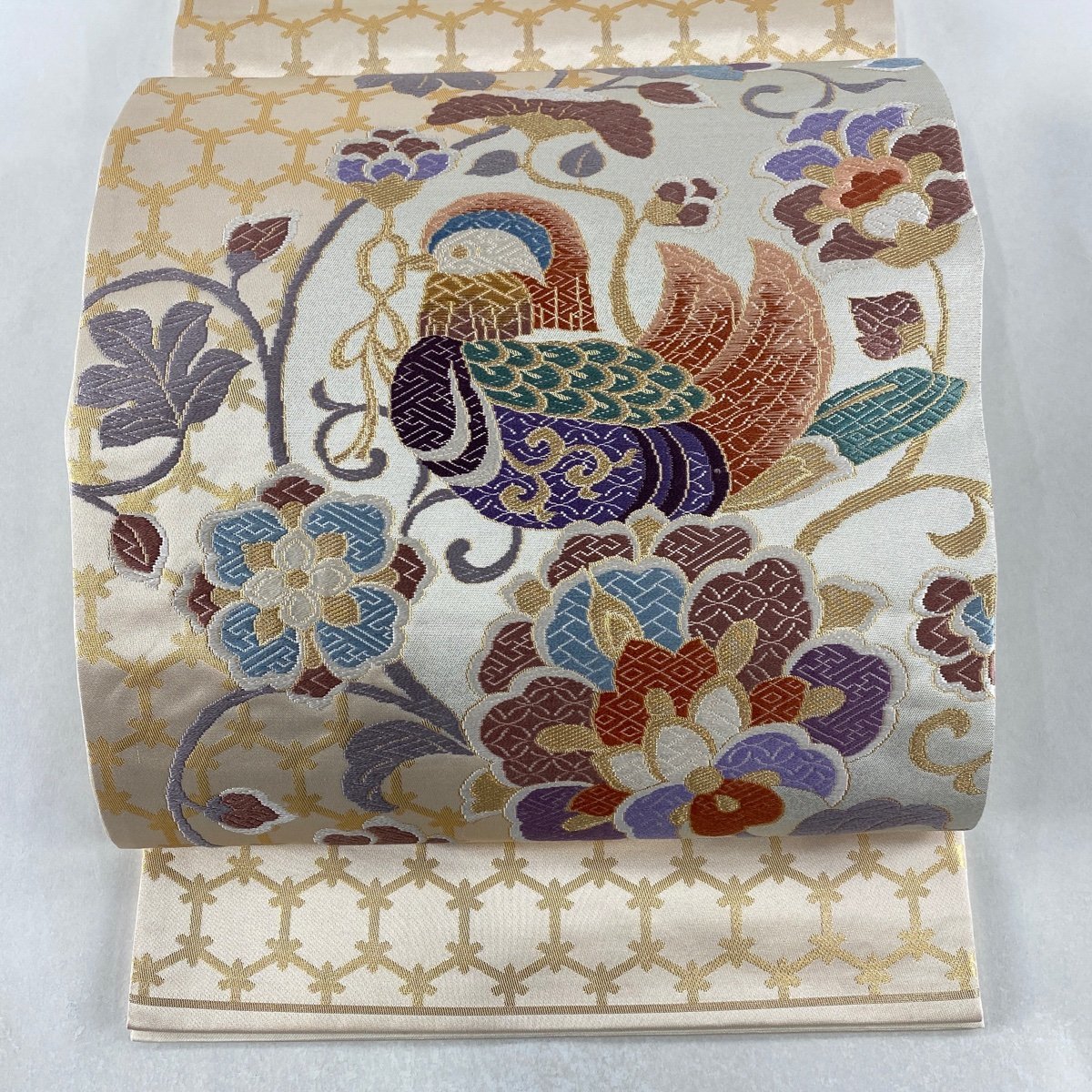袋帯 美品 秀品 落款 花鳥風月 ベージュ お太鼓柄 正絹 【中古】 袋帯