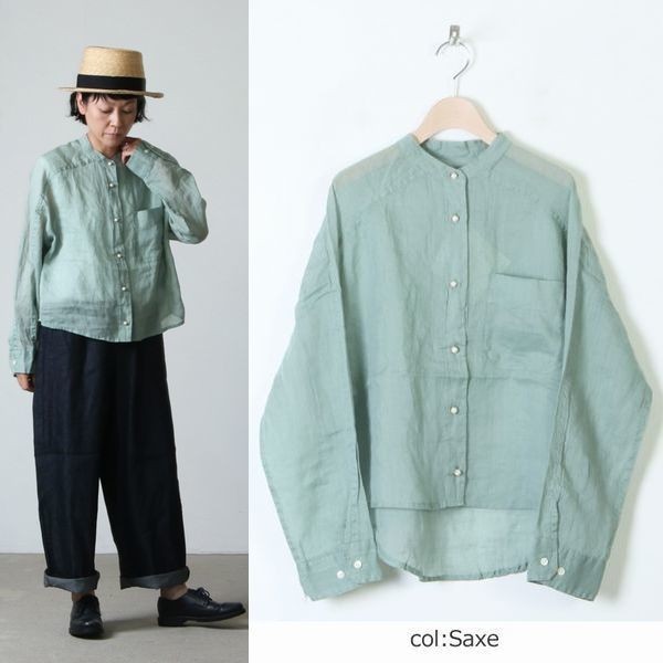 blanc basque ラミーローン パールボタンシャツ ブラウス グリーン サイズ38 定価15400円