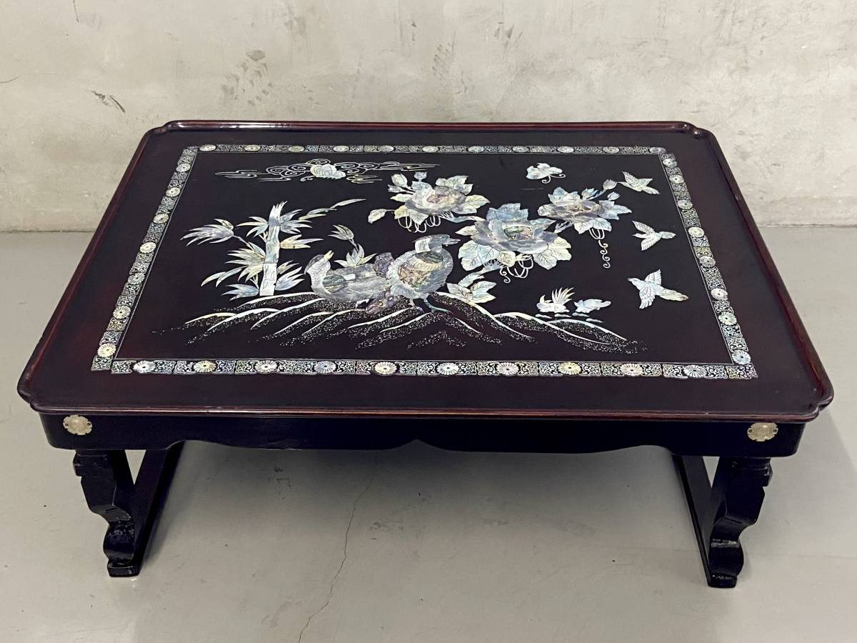 螺鈿　折りたたみローテーブル 螺鈿細工 折りたたみ式ローテーブル 座卓 ちゃぶ台 貝細工民芸品