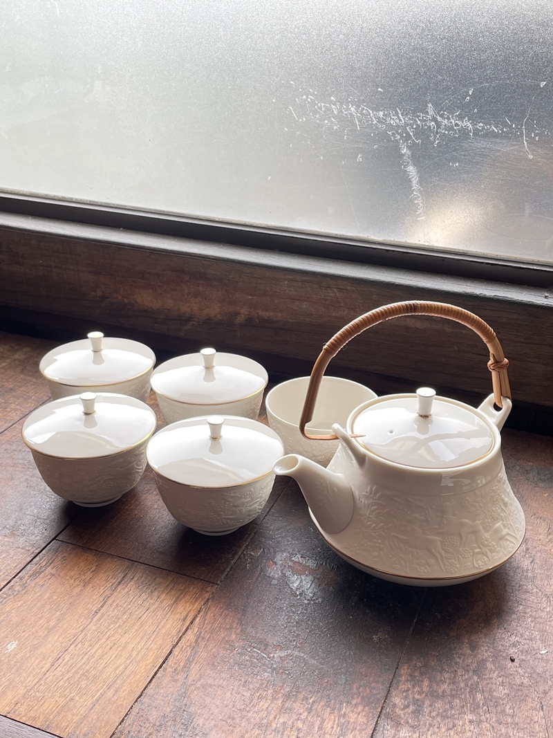 Noritake ノリタケ スタジオコレクション 急須 蓋付 湯呑 5客 ホワイト 白 金彩 茶器 茶器セット gi893