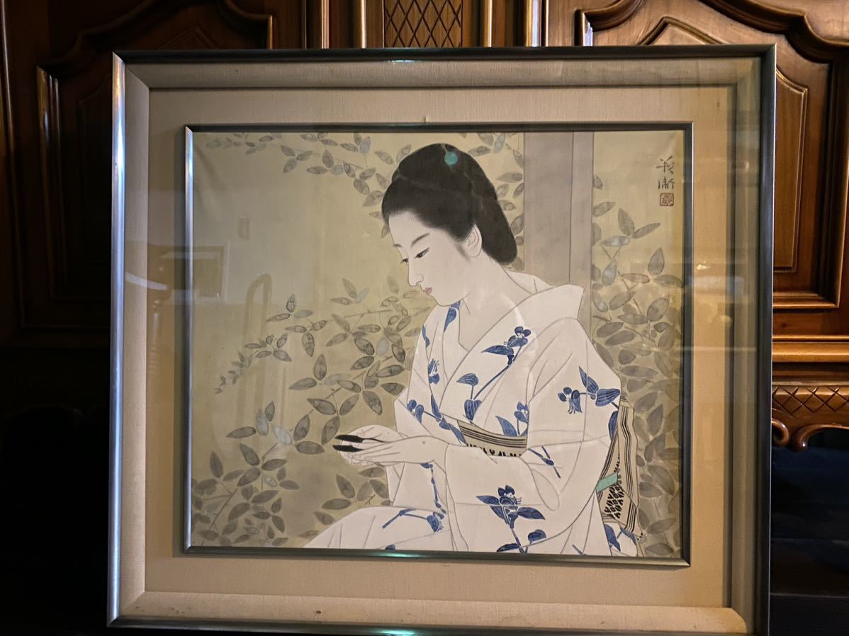 掛軸 竹堂? 立姿美人図 立美人図 浮世絵 美人画 日本画 絹本 落款
