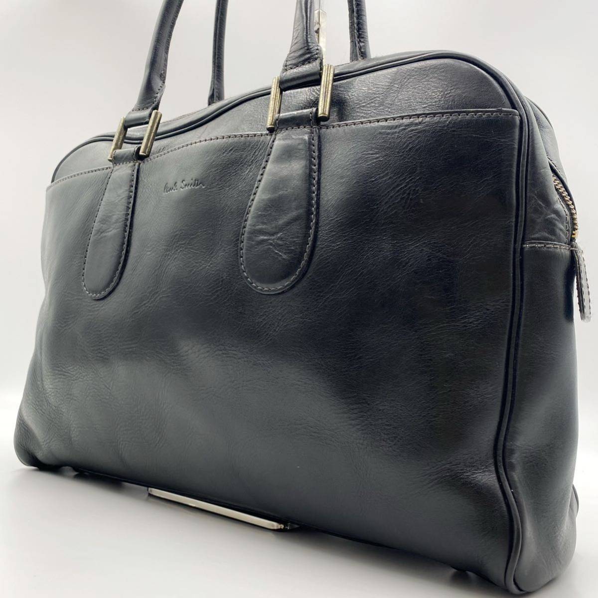 1円【美品】 ポールスミス Paul Smith ビジネスバッグ トート ハンド 書類鞄 ロゴ 型押し ブラック 黒 レザー 本革 A4可 大容量 メンズ 17