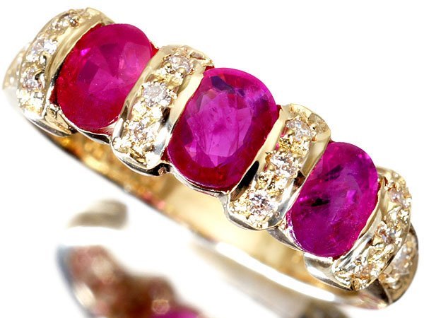 1円～【ジュエリー極】鮮やかピンキッシュレッドカラー煌く！良質天然ルビー1.20ct＆ダイヤ0.18ct 高級K18YGリング t2980vo【送料無料】
