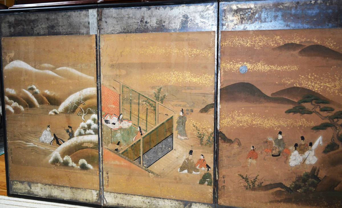 D-163 時代物 屏風 日本画 [源氏絵 大和絵] 六曲一双 塗枠 肉筆 落款