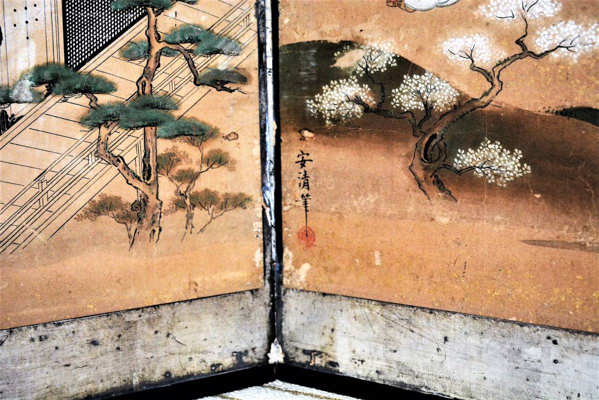 D-163 時代物 屏風 日本画 [源氏絵 大和絵] 六曲一双 塗枠 肉筆 落款