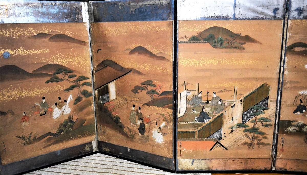 D-163 時代物 屏風 日本画 [源氏絵 大和絵] 六曲一双 塗枠 肉筆 落款
