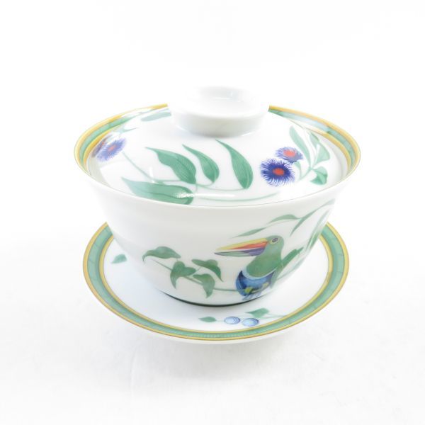 美品 エルメス トゥカン 湯呑＆茶托 1客 蓋付 カップ＆ソーサー 鳥 SC6662B1