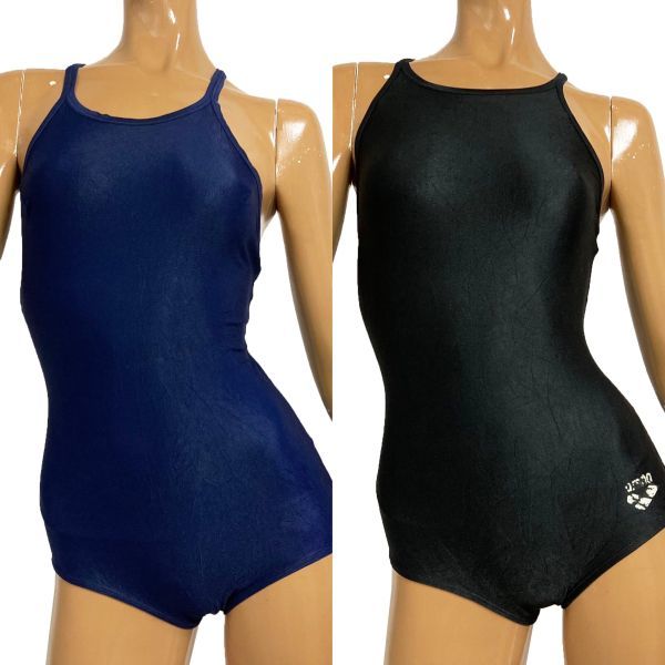37【整理品リサイクル2枚セット】アリーナ女子競泳水着(O)★光沢黒ブラック・光沢濃紺ネイビー・パイピング★大きいサイズ 男性も