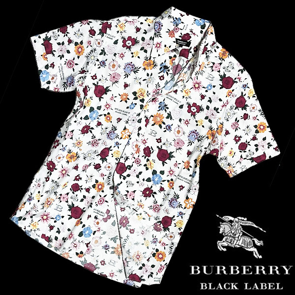 極美品！2(M) モノグラム・フラワーに視線集中★バーバリーブラックレーベル 夏さわやか半袖シャツ 白■BURBERRY BLACK LABELアロハシャツ