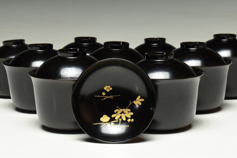 蔵A2014b】木製黒塗 見返蒔絵松文 小吸物椀 十客 【公式通販】