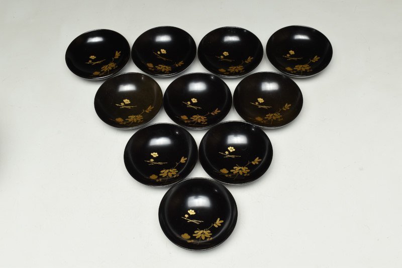 蔵A2014b】木製黒塗 見返蒔絵松文 小吸物椀 十客 【公式通販】