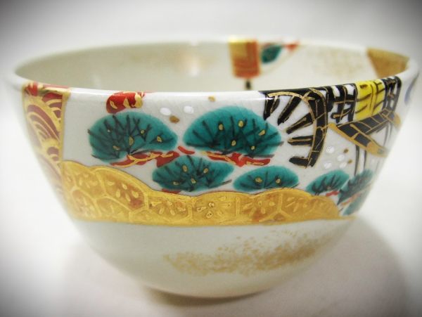 睦】色絵源氏絵巻 関屋之図 「加藤松香」 染付 茶碗 茶道具 抹茶茶碗