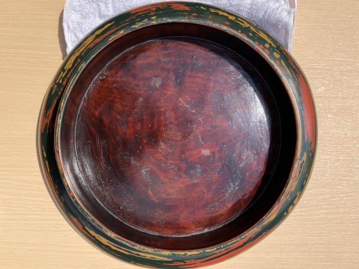 キズあり)在銘 蟹の絵が彫られた高台盆 直径35cm / 煎茶道具 茶器 木