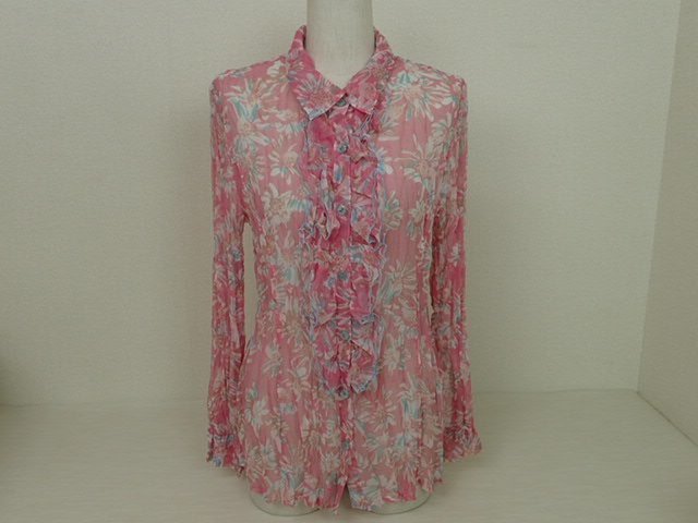 YUKI TORII/ユキトリイ☆フリルブラウス ステンカラー 長袖シャツ トップス シワ加工 ピンク 花柄 Mサイズ レディース