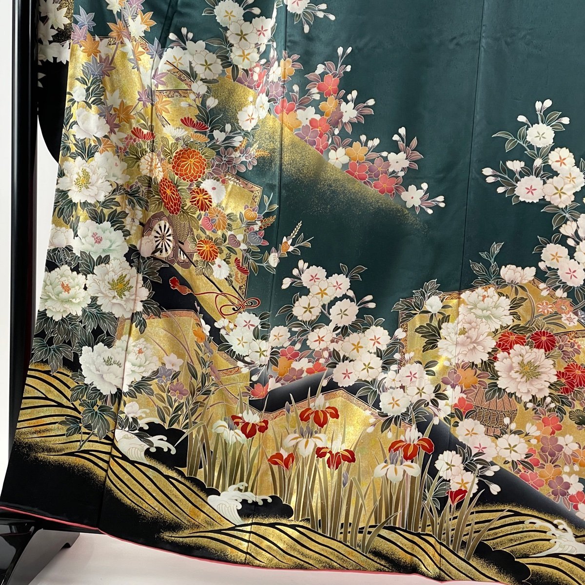 振袖 美品 名品 落款 谷崎潤一郎の世界 花車 草花 金糸 金彩 深緑 袷