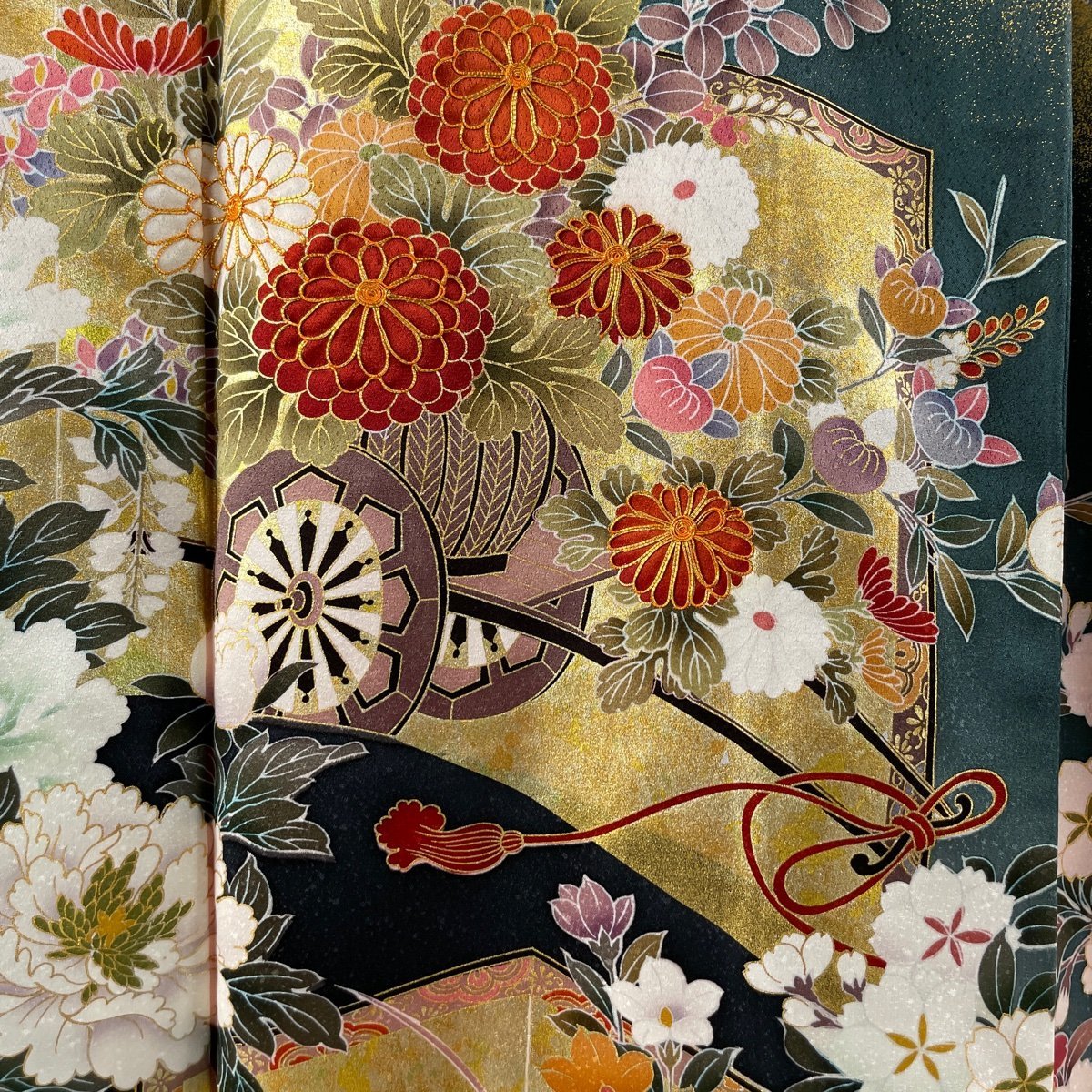 振袖 美品 名品 落款 谷崎潤一郎の世界 花車 草花 金糸 金彩 深緑 袷