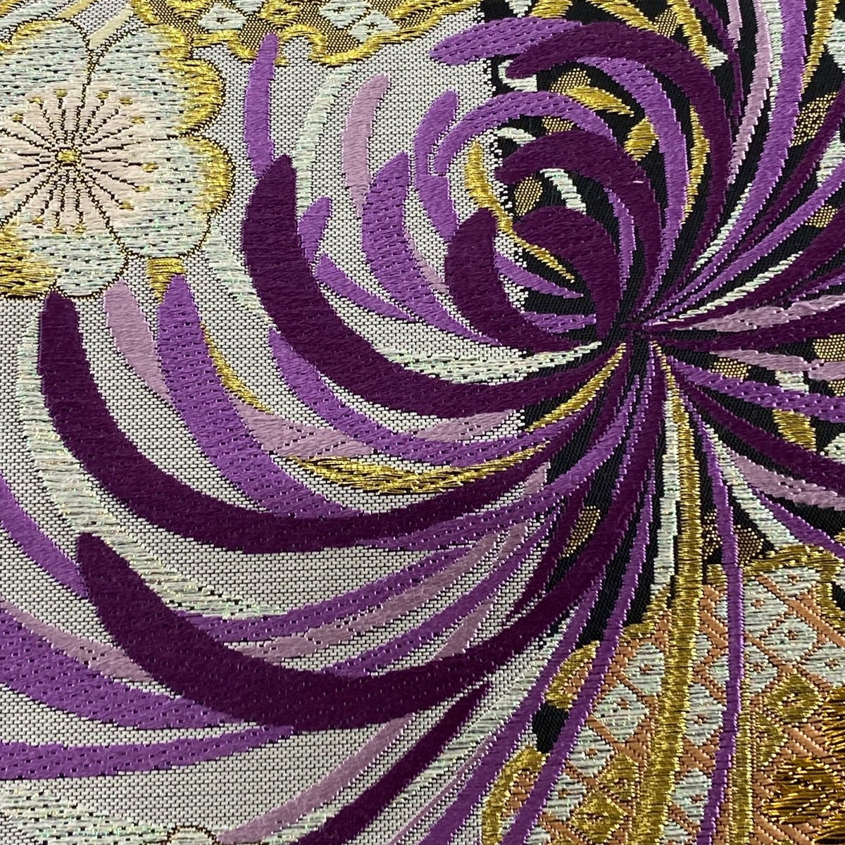 袋帯 美品 秀品 正倉院唐草紋 草花 金銀糸 箔 紫 六通 正絹 【中古