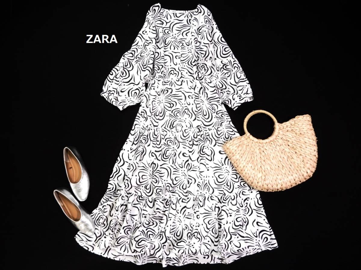ザラ ZARA 大人素敵スタイル☆モノトーン 総柄 手書き 花柄風 ロングマキシ丈 ティアード コットン ワンピース M
