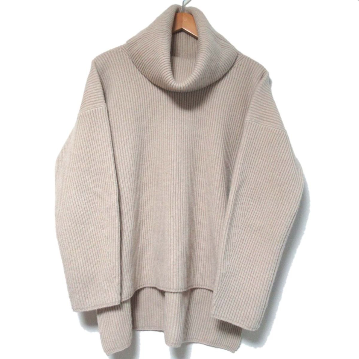 美品 20AW Drawer ドゥロワー カシミヤブレンド 9G畦編み タートルネック プルオーバー ニット セーター サイズ1 ベージュ C0505