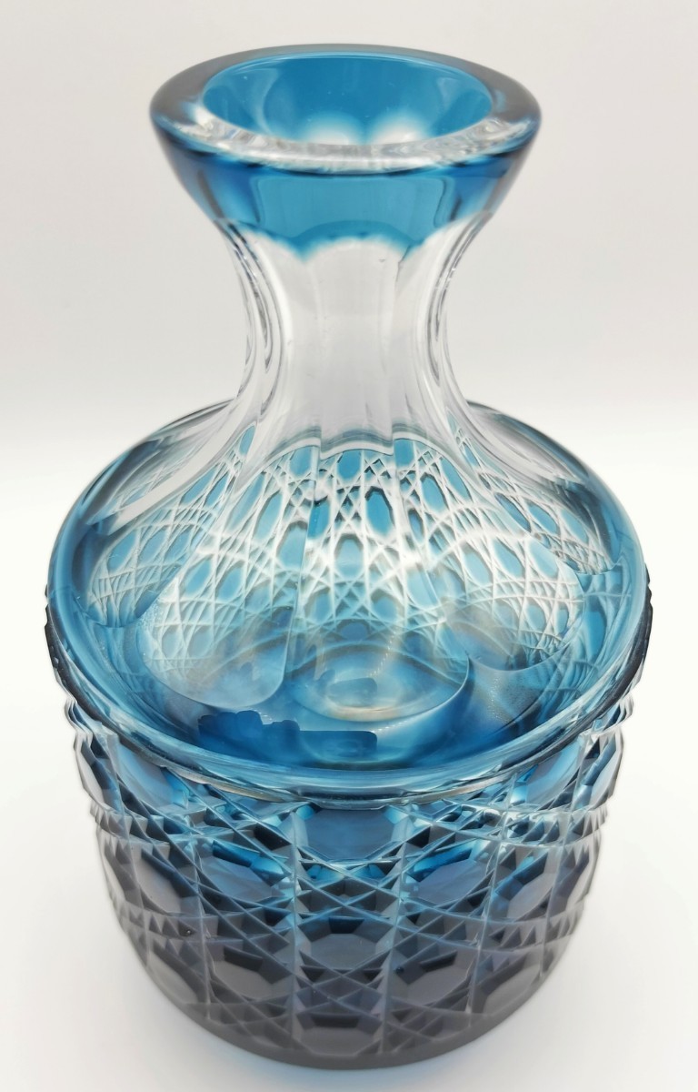 ☆美品☆薩摩切子 八角籠目紋 徳利 藍（切子、江戸切子、薩摩切子