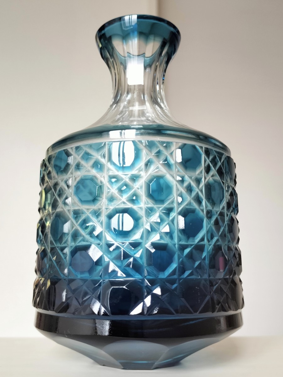 ☆美品☆薩摩切子 八角籠目紋 徳利 藍（切子、江戸切子、薩摩切子