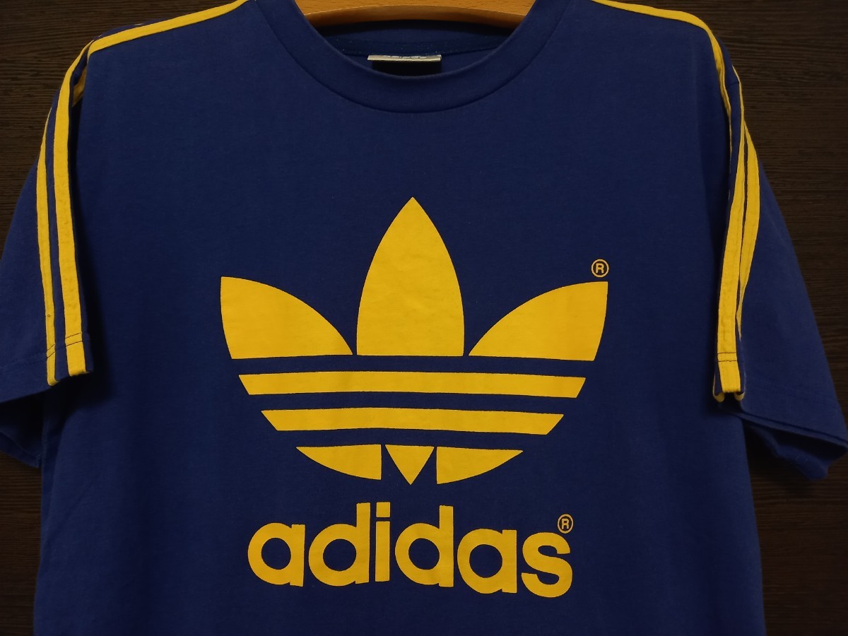 90s ビンテージ adidasトレフォイル ロゴ 3ライン ブルー×イエロー T 