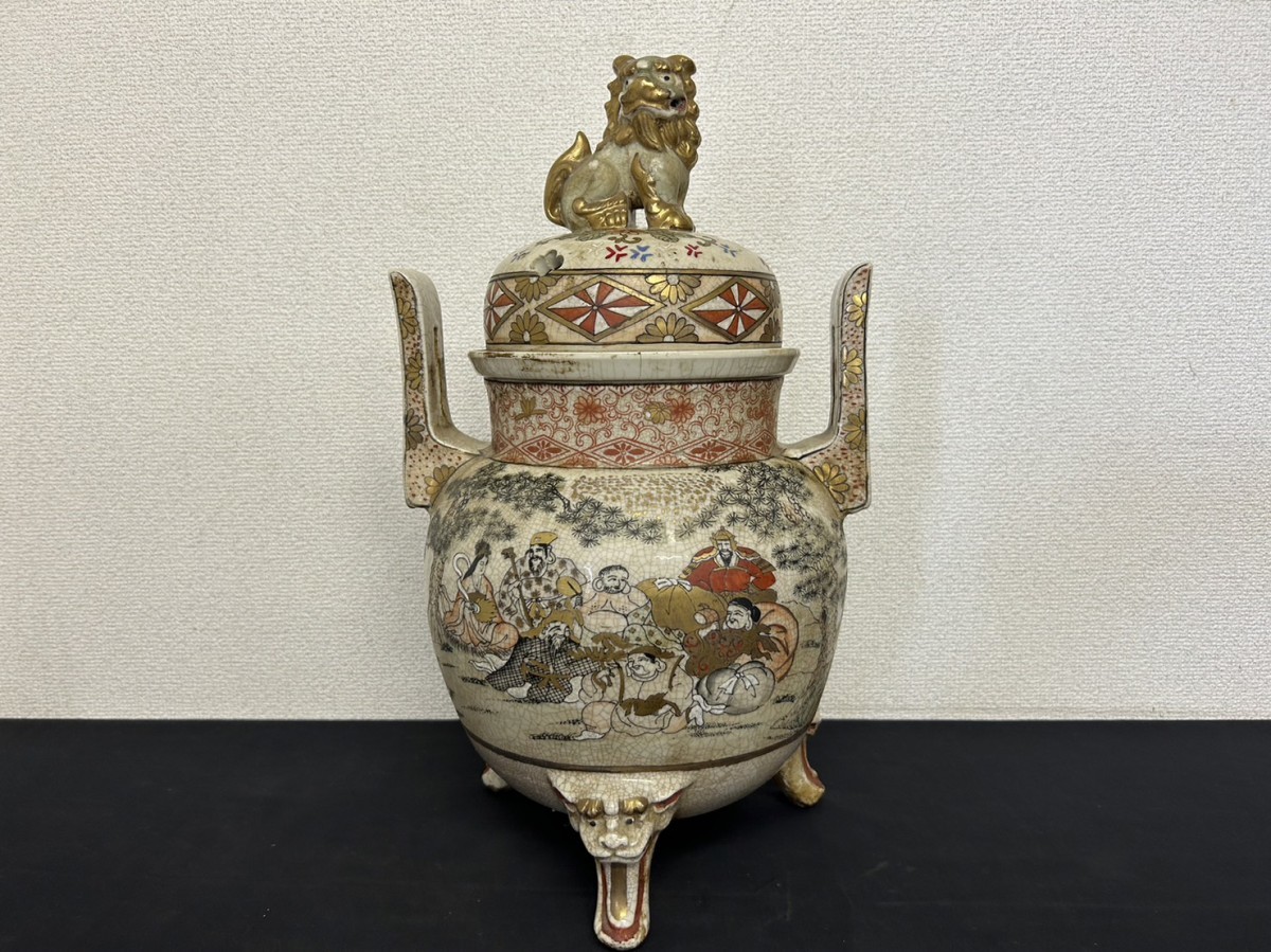 蔵出し A3 古薩摩 薩摩焼 時代物 香炉 獅子摘 色絵金彩人物画 鶴 亀 