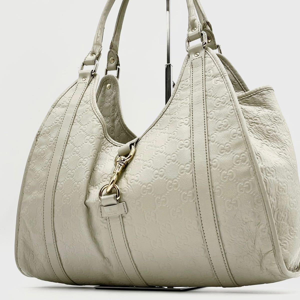 1円【極美品】GUCCI グッチ トートバッグ ハンドバッグ ショルダー シマ GG 総柄 レザー ホースビット ホワイト 肩掛け 大容量 A4可 通勤