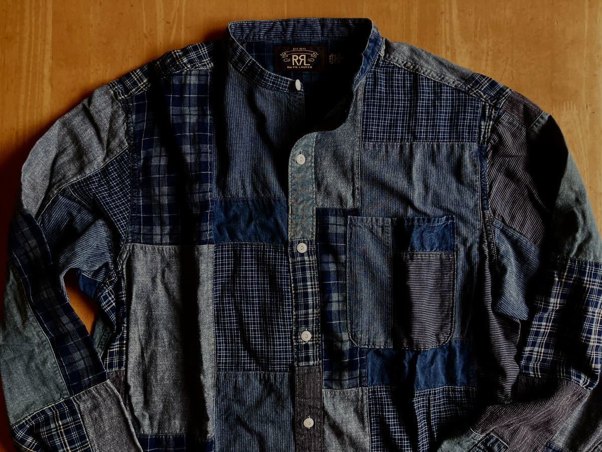 名作 RRL パッチワークインディゴバンドカラーシャツ M 天然インディゴ 
