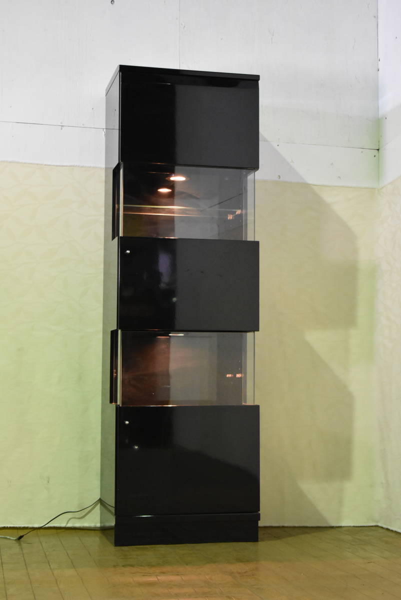 【ヤ取終了9/15】≪zyt1016ジ≫ 萩原家具 キュリオケース ブラック 幅55/高さ180cm 照明付 飾り棚/ショーケース/ガラスケース 現状品 50520-02+ 萩原家具 キュリオケース ブラック 幅55/高さ180cm 照明付 飾り棚