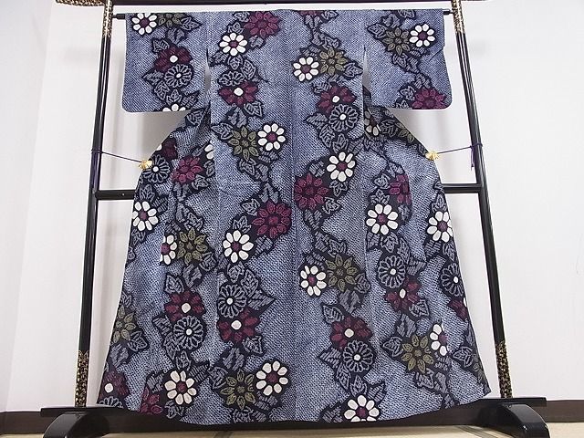花美人■夏物　浴衣　有松鳴海絞り　綿　藍染　草花繋ぎ　逸品　say0347