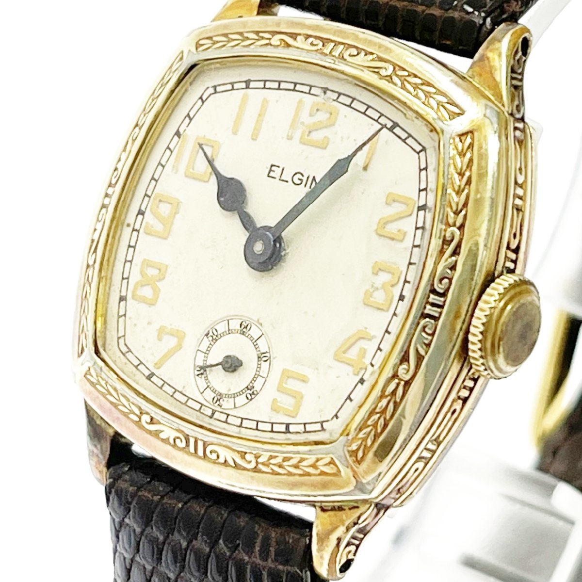 エルジン 手巻き スモセコ スクエアタイプ alp古1223 10k 【1円