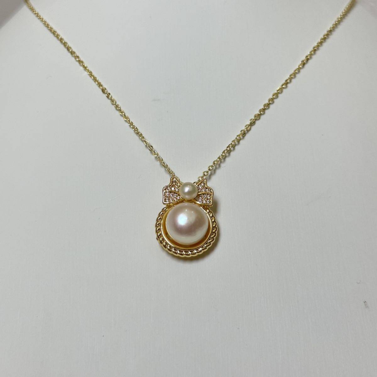 可愛いリボン 本真珠ペンダントネックレス10mm 5mm 42cm k18仕上げ 