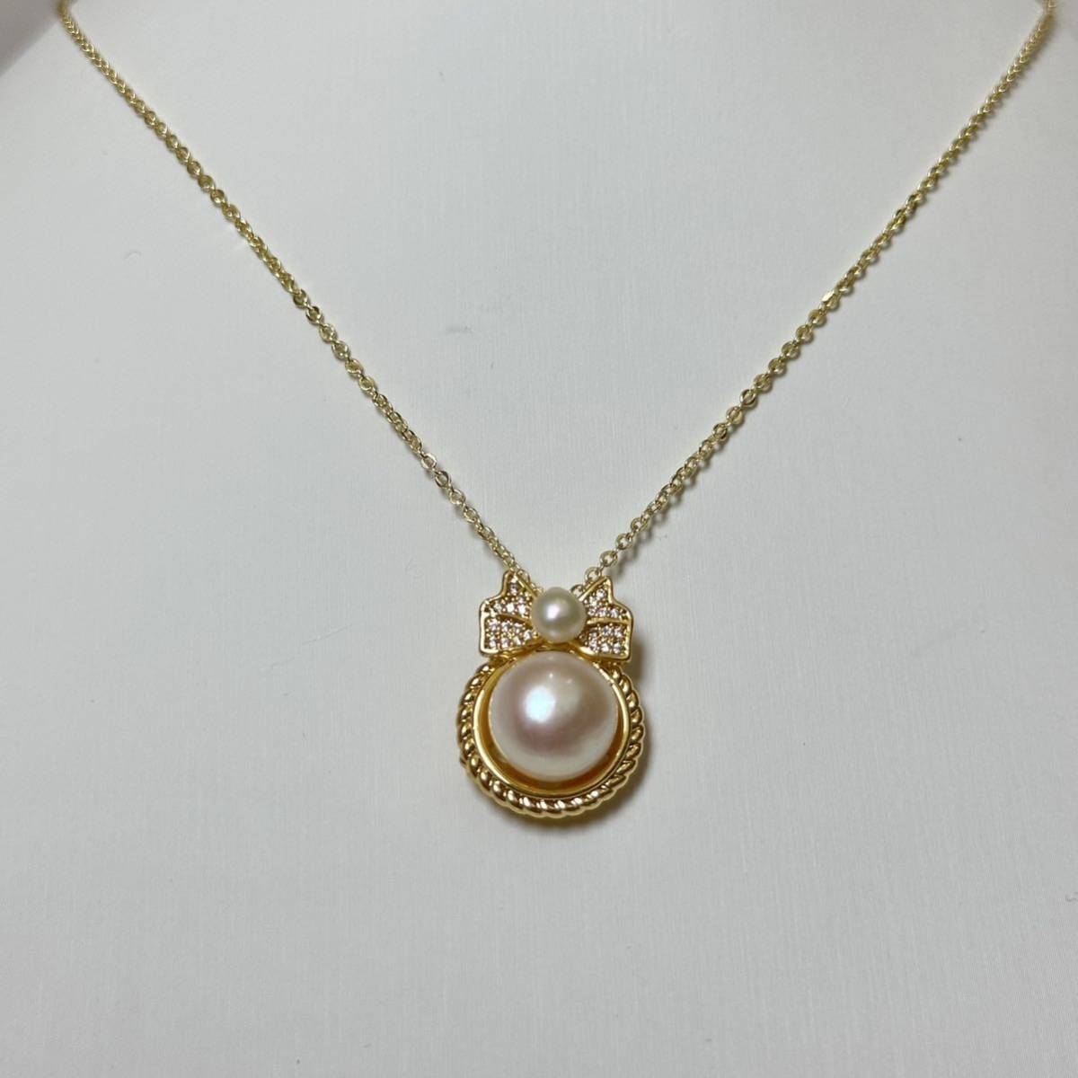 可愛いリボン 本真珠ペンダントネックレス10mm 5mm 42cm k18仕上げ 