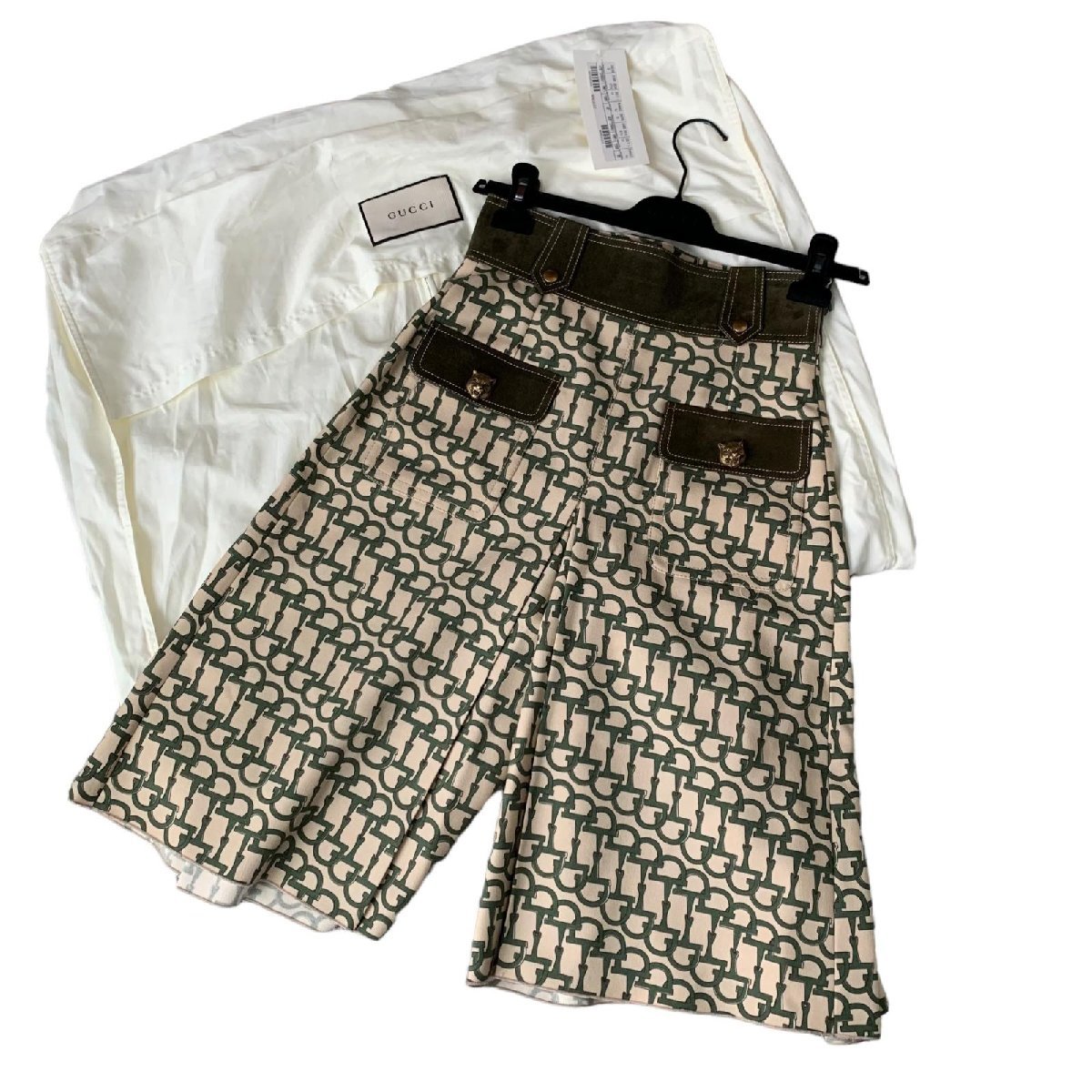 美品 GUCCI グッチ キュロット ハーフパンツ タイガー ホースビットプリント ベージュ系 ジャガードコットン×スエード
