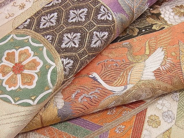 着物屋ほのか■袋帯　雪英導　総刺繍　蘇州刺繍　矢羽吉祥飛鶴花文　逸品　hj4283